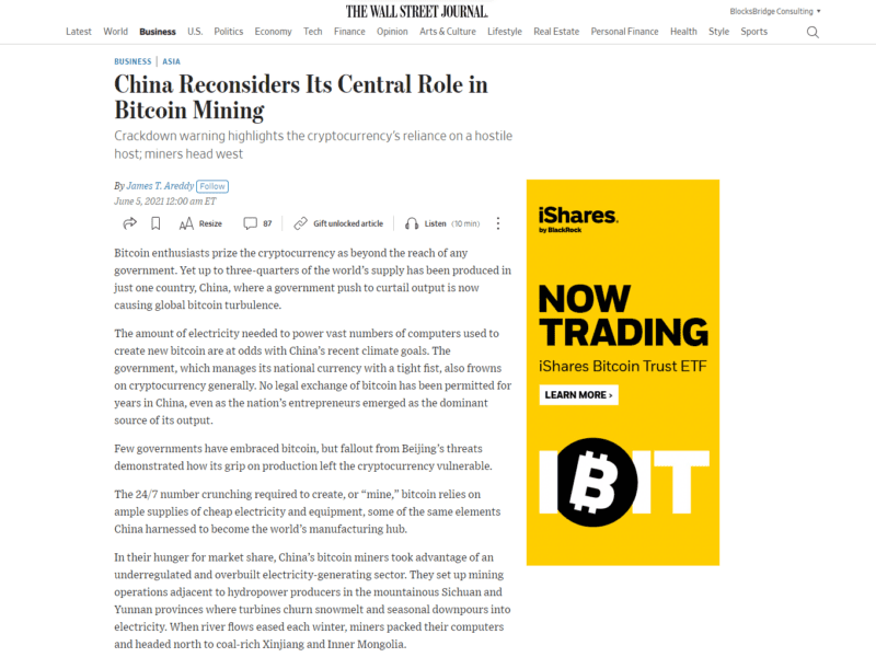 WSJ Bitcoin Mining China