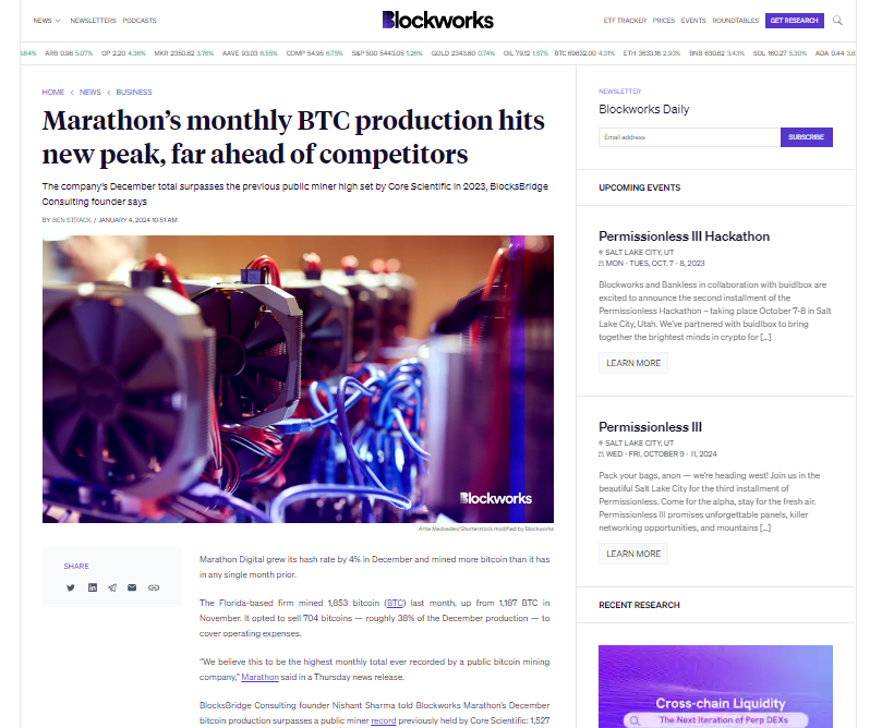 Marathon’s monthly BTC production hits new peak, far ahead of competitors